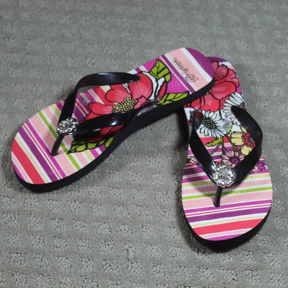 Brighton Size 7/8 Floral Flip Flops with Silver-toned Flower Accent - Picture 1 of 6